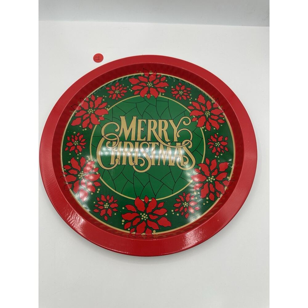 Vintage Merry Christmas Round Christmas Holiday Metal Tin Serving Tray 12”